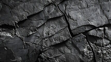 Poster - Volumetric rock texture with cracks Black stone background with copy space for design Wide banner : Generative AI