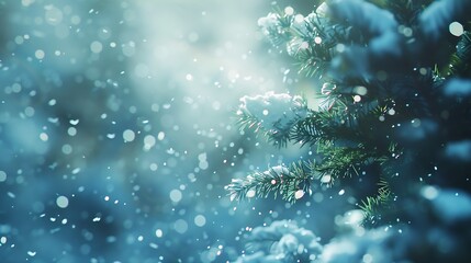 Poster - Blue winter christmas nature background banner format Snowcovered fir branches against defocused blurred forest and falling snow Closeup copy of space : Generative AI