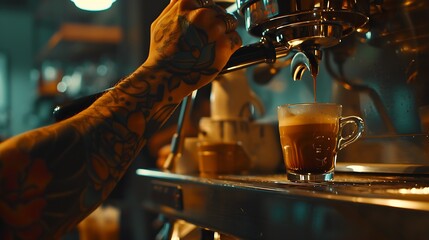 Poster - Coffee machine making coffee holded by tattooed barista arm : Generative AI