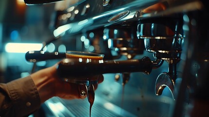 Poster - Selective focus Portafilter on hand Barista making coffee with espresso coffee machine in coffee shop Closeup Coffee making concept : Generative AI