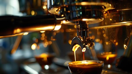 Poster - Barista making coffee with espresso coffee machine in coffee shop Closeup Coffee making concept : Generative AI