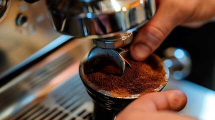 Poster - Barista using a tamper to ground coffee into a portafilter Close up view on hands : Generative AI