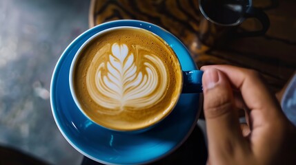 Aufkleber - Cappuccino or latte with frothy foam blue coffee cup top view closeup on barista hand backgroundCafe and bar barista making latte artfresh cappuccino coffee mug in cafecaffeine roasted : Generative AI