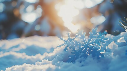 Poster - Light soft snowy Christmas background backdrop Decorative blue snowflakes closeup macro in snow on nature outdoors on sunny day copy space : Generative AI