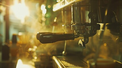 Poster - Professional coffee machine making espresso in a cafe Barista Cafe Making Coffee Preparation Service Concept Vintage style : Generative AI