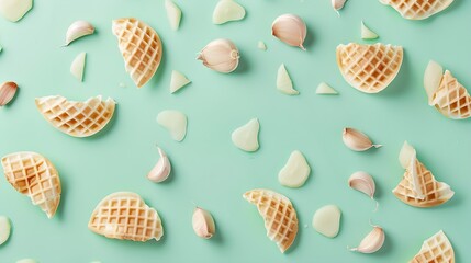 Poster - Composition with waffle horn heads halves and slices of garlic Creative art layout on light green background closeup macro top view flat lay : Generative AI