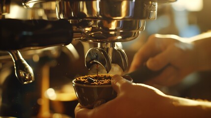 Poster - Barista holding portafilter and coffee tamper making an espresso coffee : Generative AI