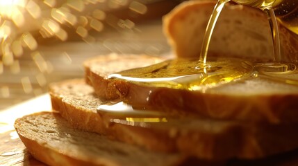 Pouring oil onto slices of bread on wooden plate closeup : Generative AI