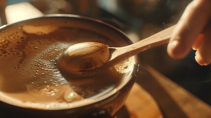 Poster - Closeup of the hand of a barista with a wooden spoon making or preparing coffee foam in a cup of coffeebarista making coffee : Generative AI