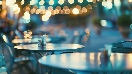 Poster - Blurred background of outdoor restaurant with abstract bokeh light Outdoor cafe with tables and chairs : Generative AI