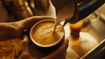 Poster - Close up barista hands pouring warm milk in coffee cup for making latte art : Generative AI