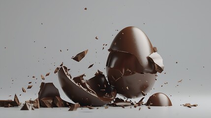 Poster - Exploded milk chocolate egg on grey background : Generative AI