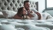 © Generative AI - Happy couple on bed with comfortable mattress at home : Generative AI