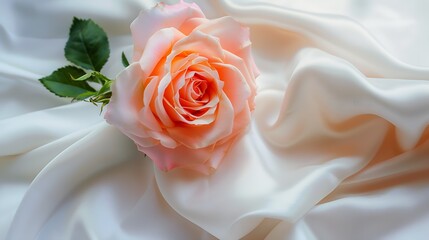 Poster - Pink rose peach white silk satin Creases in fabric Light luxury elegant background with space for design Table top view flat lay Birthday baby newborn Or a wedding valentine Romance te : Generative AI