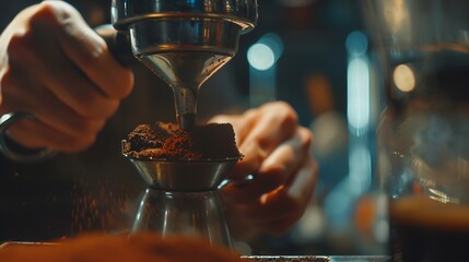 Poster - Closeup of hand Barista cafe making coffee with manual presses ground coffee using tamper on the wooden counter bar at the coffee shop : Generative AI