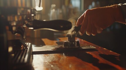 Poster - Closeup of hand Barista cafe making coffee with manual presses ground coffee using tamper at the coffee shop : Generative AI