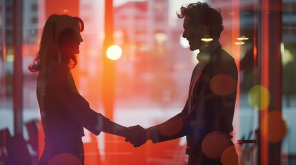 Aufkleber - Happy businesswoman handshaking with client closing deal in an office interior with a window in the background : Generative AI