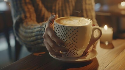 Poster - Barista woman closes a mug with a coffee lid Cappuccino with a heartshaped pattern Closeup : Generative AI
