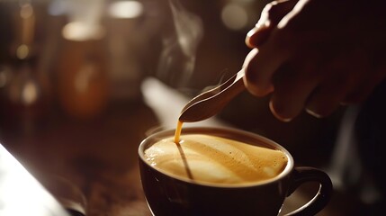 Poster - barista making coffee the hand of a barista with a wooden spoon making or preparing coffee foam in a cup of coffee : Generative AI