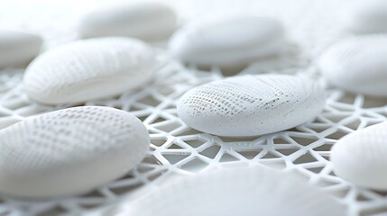 Aufkleber - Beautiful original background image texture of white stones of a round oval shape covered with a white metal mesh with square cells : Generative AI