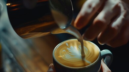 Poster - Close up barista hands pouring milk in coffee cupmaking latte art : Generative AI