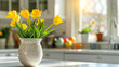 Easter table setting with yellow tulips in a vase in the white Scandinavian-style kitchen background. Beautiful minimalist design for greeting card