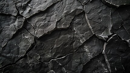 Poster - Black rock texture Cracked Mountain surface closeup Black grunge stone background with copy space for design : Generative AI