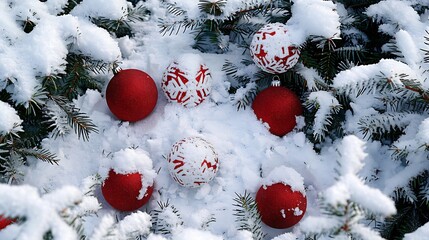 Poster - Festive background Christmas decoration with red and white Christmas balls snowflakes in snow and snow covered fir branches copy space : Generative AI