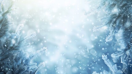 Poster - Blue winter christmas nature background frame banner format Snowcovered fir branches against defocused blurred forest and falling snow Closeup copy of space : Generative AI