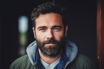 Portrait of handsome bearded man in casual clothes looking at camera.