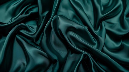 Poster - Dark teal green silk satin Shiny smooth fabric Soft folds Luxury background with space for design web banner Flat lay top view table Birthday Christmas Valentine New year : Generative AI