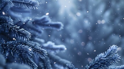 Poster - Blue winter christmas nature background banner format Snowcovered fir branches against defocused blurred forest and falling snow Closeup copy of space : Generative AI