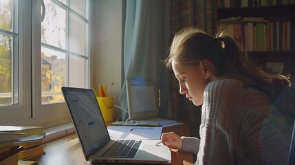 Poster - Beautiful student learning doing homework on line with a laptop in a desk at home with a window in the background : Generative AI