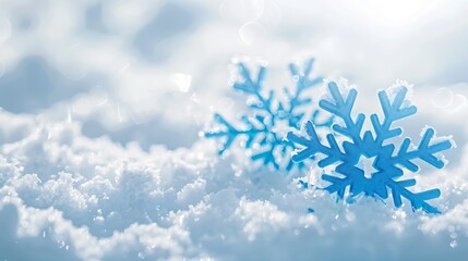 Aufkleber - Light soft snowy Christmas background backdrop Decorative blue snowflakes closeup macro in snow on nature outdoors on sunny day copy space : Generative AI