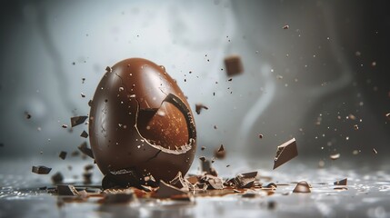 Poster - Exploded milk chocolate egg on grey background : Generative AI
