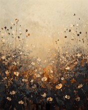 Field Flowers Sun Setting Background Gold Silver Tones Furry Haunting Brush Strokes Gloomy