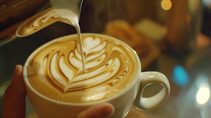 Poster - Professional barista pouring steamed milk into coffee cup making beautiful latte art Rosetta pattern : Generative AI