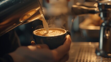 Poster - Close up barista hands pouring milk in coffee cupmaking latte art : Generative AI