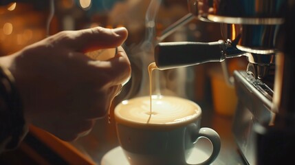Poster - Close up barista hands pouring warm milk in coffee cup for making latte art : Generative AI