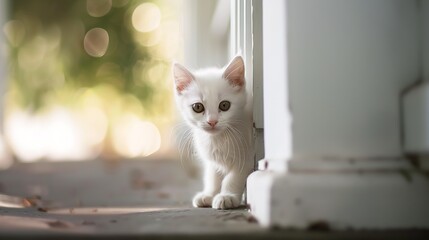 Poster - Small curious cute white fluffy kitten looks out from behind white columns on porch of house : Generative AI
