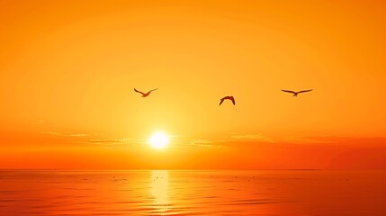 Wall Mural - Fiery orange sunset Dramatic golden sky at the sunset background with Seagulls flying over the sea : Generative AI