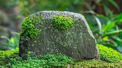 Poster - A stone covered with green moss in the forest Wide banner Copy space for product display design montage Panoramic : Generative AI