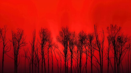 Canvas Print - Bloody sunset in the forest Silhouettes of trees on a red background Horror mystic nightmare creepy fear concept Paranormal supernatural surreal scene Long web banner Website header Bl : Generative AI