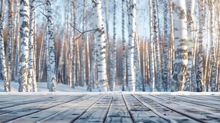 Aufkleber - Winter christmas scenic background landscape in sunny day Empty wooden flooring stage platform white birch branches covered snow in forest on nature soft focus copy space : Generative AI
