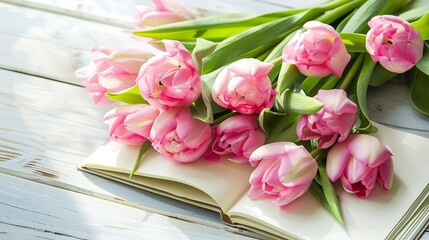 Wall Mural - Bouquet pink tulips and open page of notebook on white table with copy space for message Greeting card mockup template for Valentines Day Womans Day birthday and other holidays : Generative AI