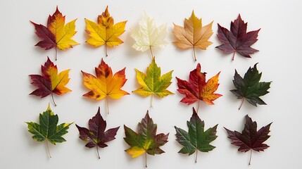 Wall Mural - a set for creativity of ten natural maple leaves of the autumn period in yellow orange red burgundy 