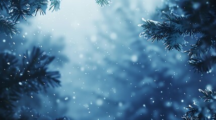 Aufkleber - Blue winter christmas nature background banner format Snowcovered fir branches against defocused blurred forest and falling snow Closeup copy of space : Generative AI