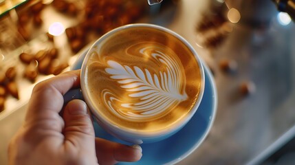 Poster - Cappuccino or latte with frothy foam blue coffee cup top view closeup on barista hand backgroundCafe and bar barista making latte artfresh cappuccino coffee mug in cafecaffeine roasted : Generative AI