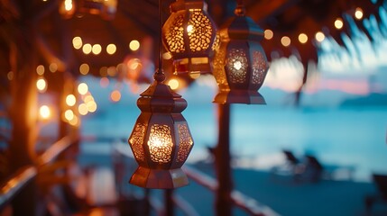 Poster - A beautiful defocused landscape of a beach restaurant and club with glittering lanterns and lamps hanging on a string outdoors A blurred background for design : Generative AI