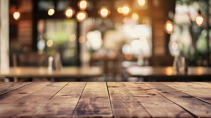 Aufkleber - Top of empty wood table with Bar Cafe Restaurant blurred background product display template Business presentation : Generative AI